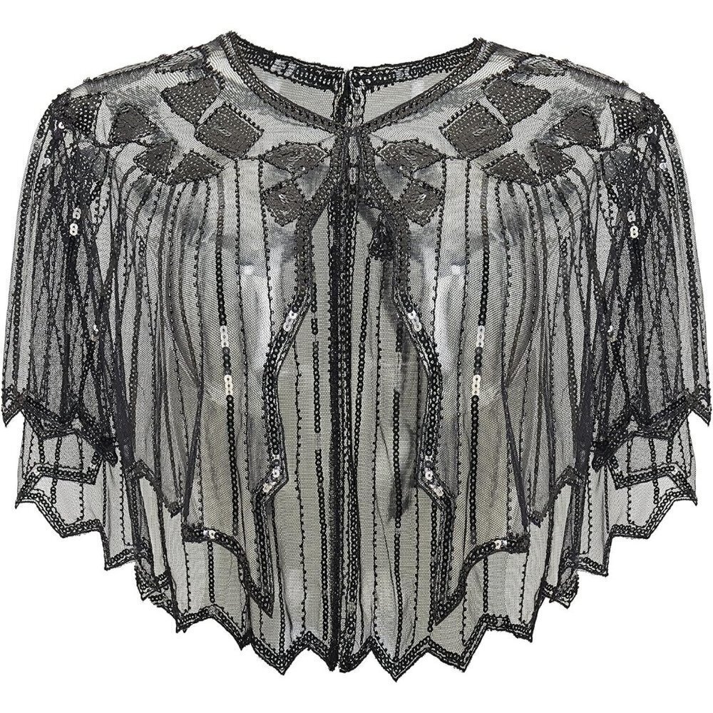 Women Sequin Beaded Evening Cape 1920s Shawl  Wraps (Black)
